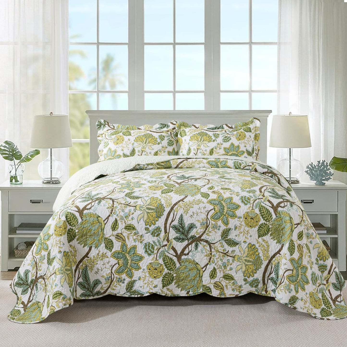 Floral Quilt Set 3 Piece Oversized Bedspread Coverlet Set Lightweight Bedding
