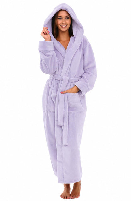 Plush Fleece Hooded Bathrobe Women Long Plus Size Soft Lounge Robe