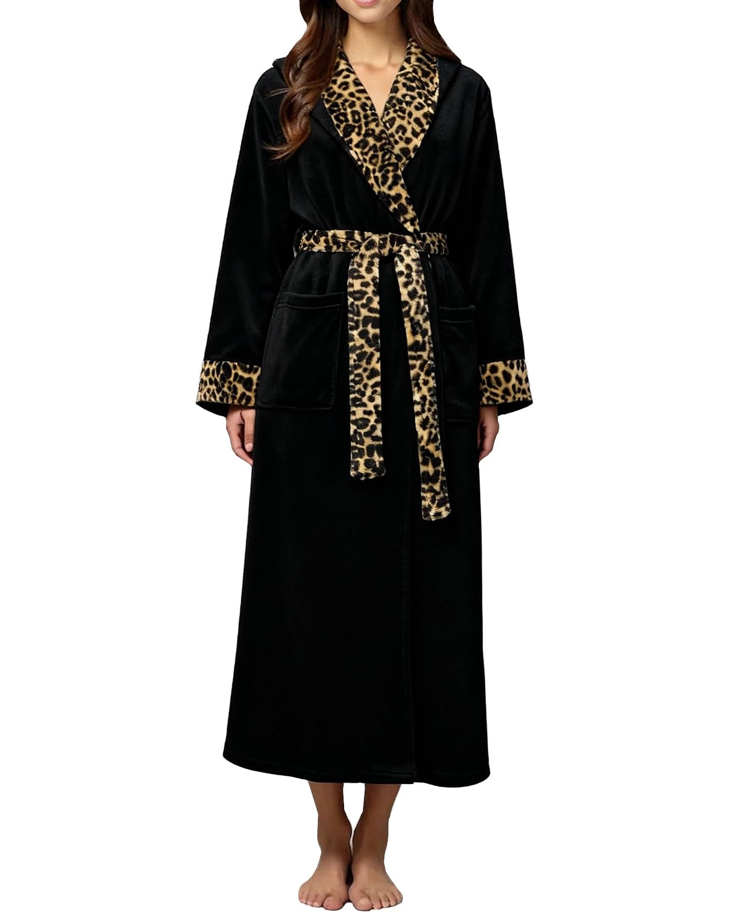 Plush Fleece Hooded Bathrobe Women Long Plus Size Soft Lounge Robe
