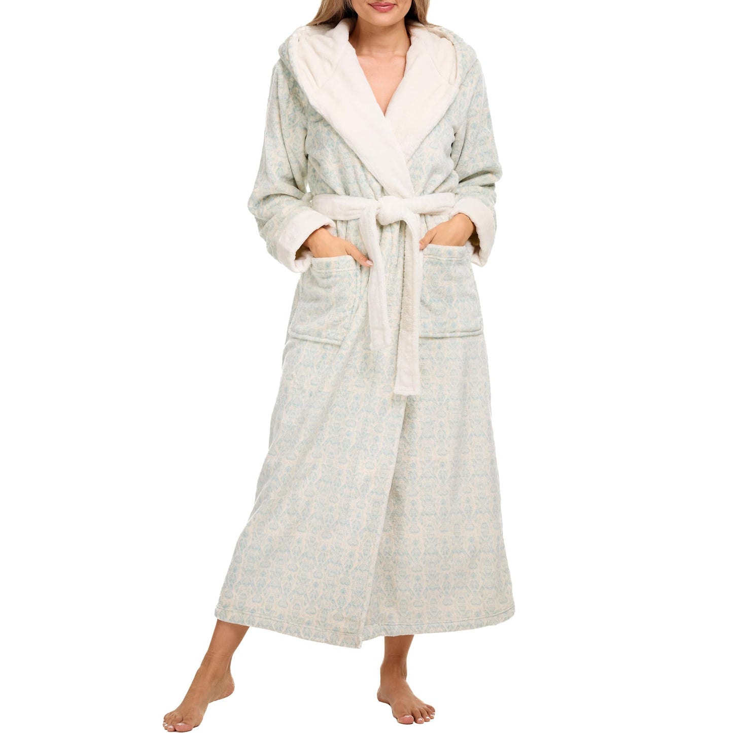 Plush Fleece Hooded Bathrobe Women Long Plus Size Soft Lounge Robe