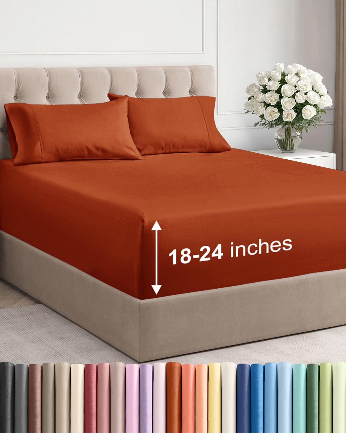 Bamboo Cooling Sheet Set Deep Pocket Breathable Bed Sheets 4 Piece
