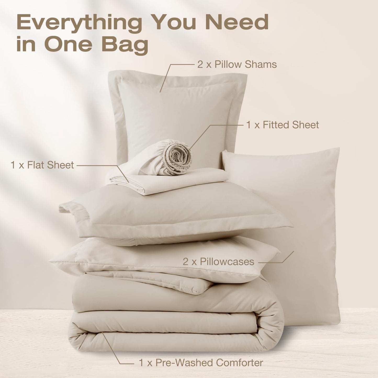 Washed Cotton Comforter Set 7 Piece Bed in a Bag Soft Breathable Bedding