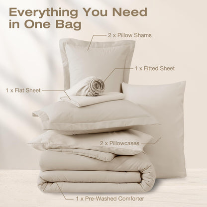 Washed Cotton Comforter Set 7 Piece Bed in a Bag Soft Breathable Bedding