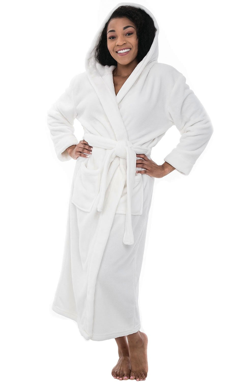 Plush Fleece Hooded Bathrobe Women Long Plus Size Soft Lounge Robe