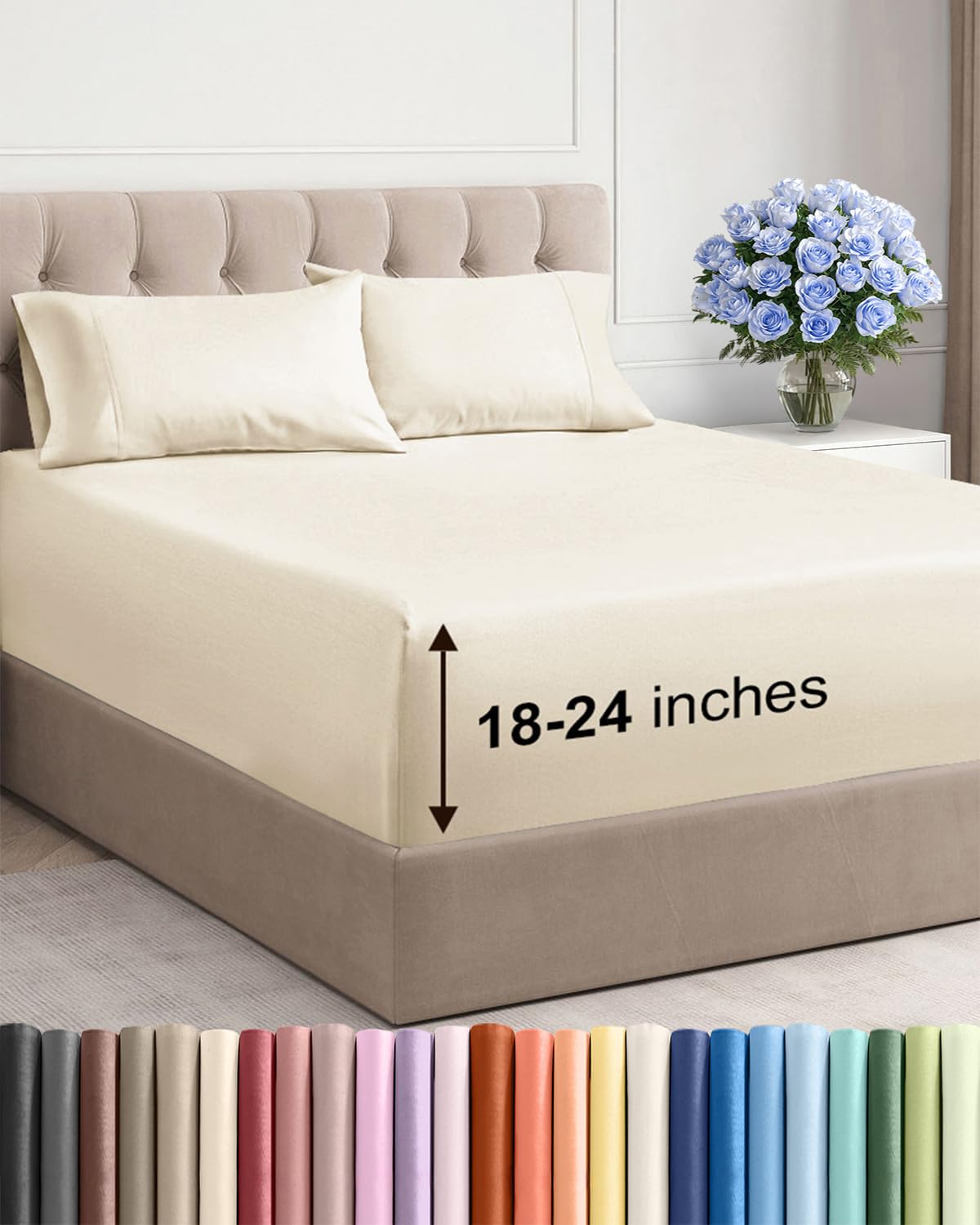 Bamboo Cooling Sheet Set Deep Pocket Breathable Bed Sheets 4 Piece
