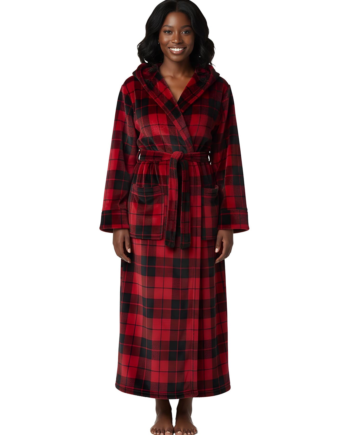 Plush Fleece Hooded Bathrobe Women Long Plus Size Soft Lounge Robe