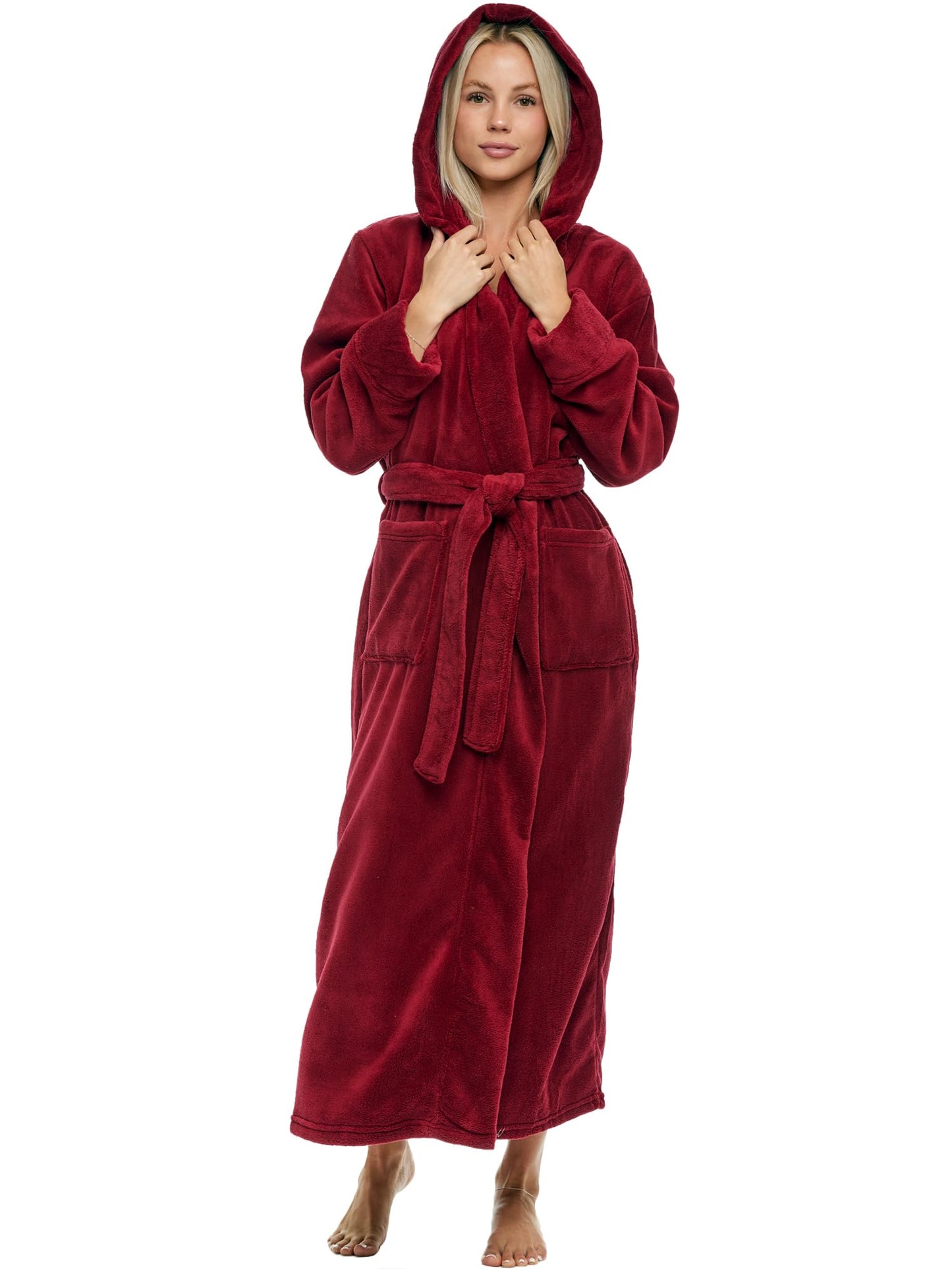 Plush Fleece Hooded Bathrobe Women Long Plus Size Soft Lounge Robe