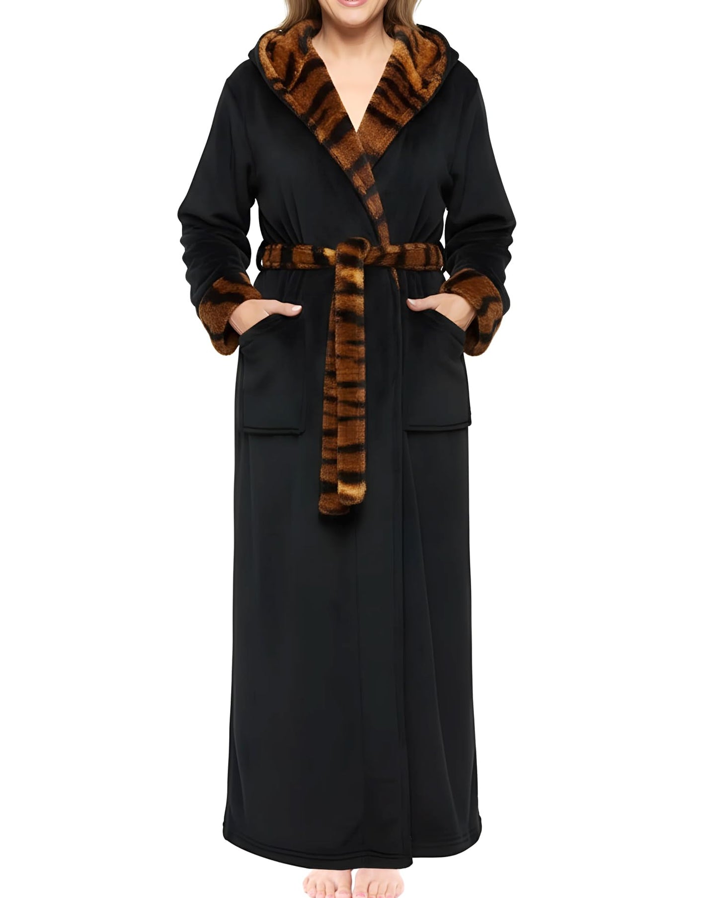 Plush Fleece Hooded Bathrobe Women Long Plus Size Soft Lounge Robe