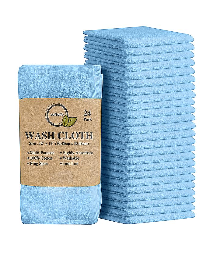 Cotton Washcloth Set 24 Pack Soft Absorbent Face Towels Ring Spun 12x12
