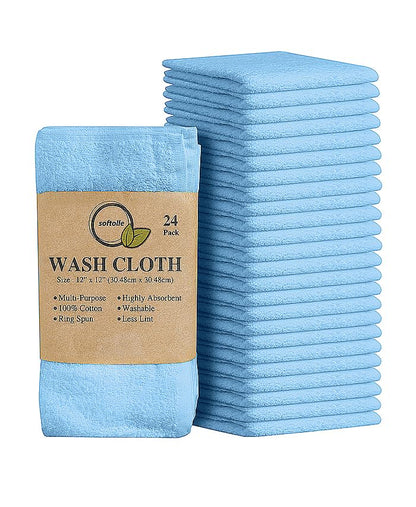 Cotton Washcloth Set 24 Pack Soft Absorbent Face Towels Ring Spun 12x12