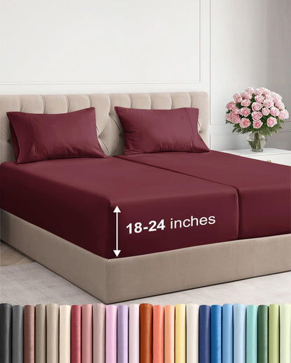 Bamboo Cooling Sheet Set Deep Pocket Breathable Bed Sheets 4 Piece
