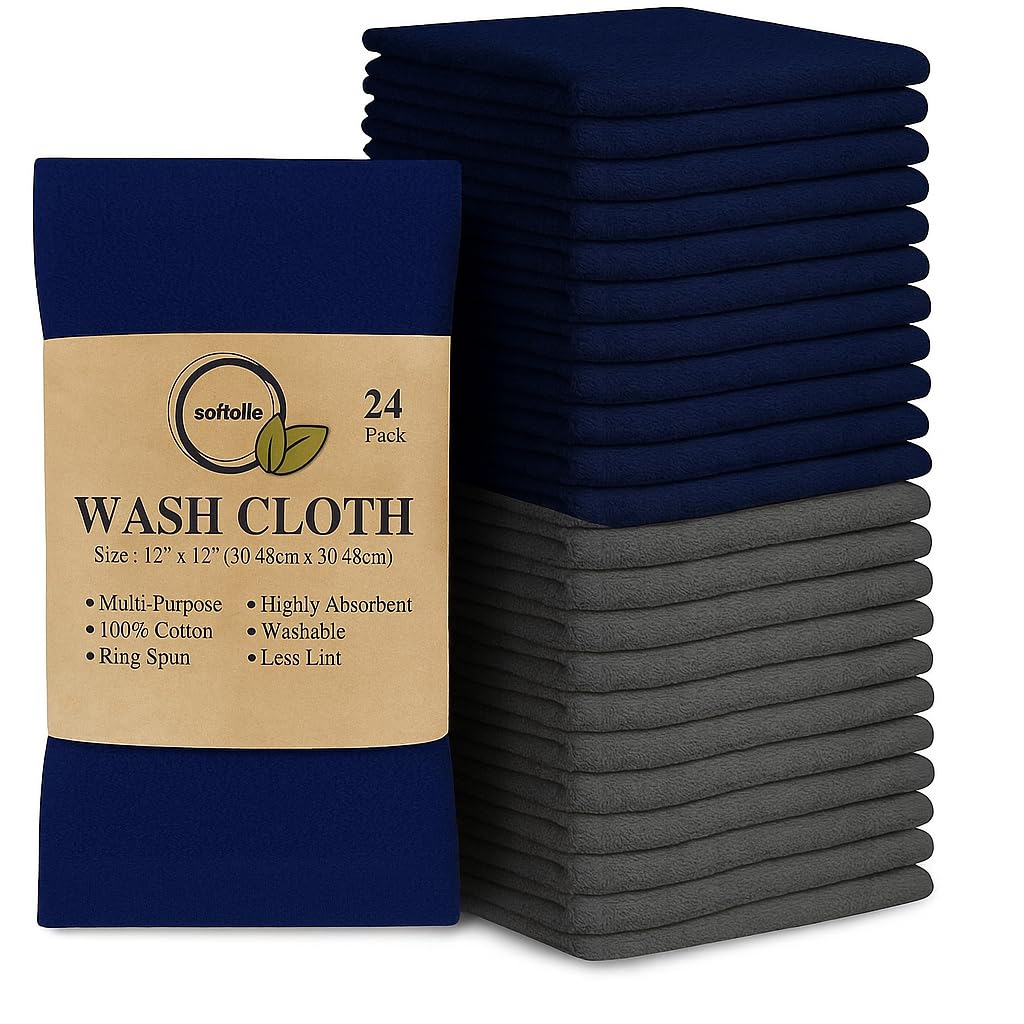 Cotton Washcloth Set 24 Pack Soft Absorbent Face Towels Ring Spun 12x12