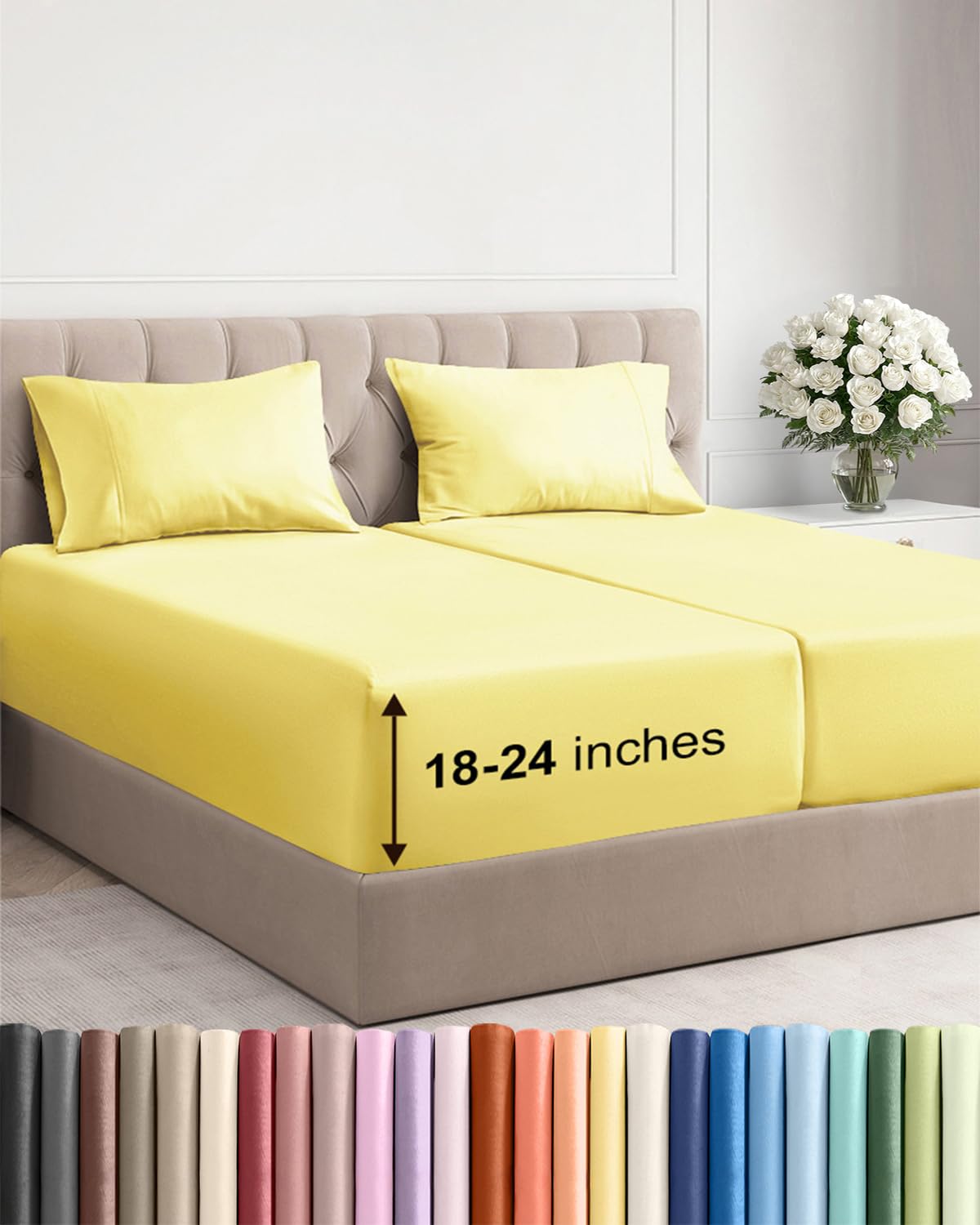 Bamboo Cooling Sheet Set Deep Pocket Breathable Bed Sheets 4 Piece