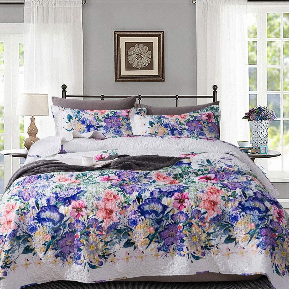 Floral Quilt Set 3 Piece Oversized Bedspread Coverlet Set Lightweight Bedding