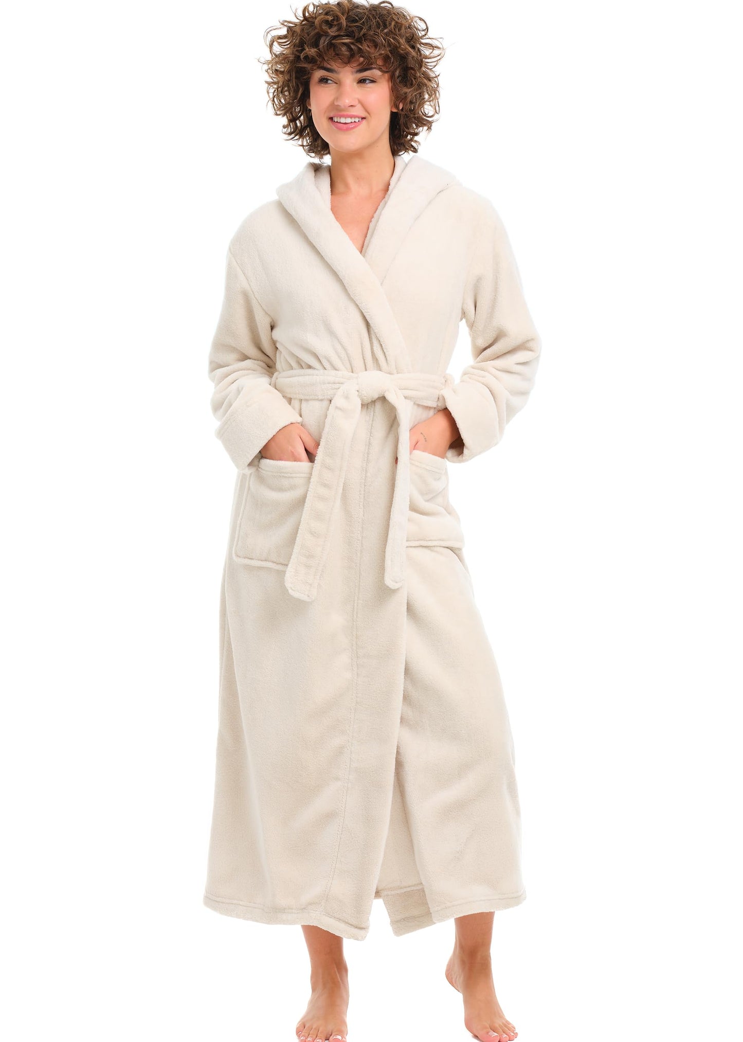 Plush Fleece Hooded Bathrobe Women Long Plus Size Soft Lounge Robe
