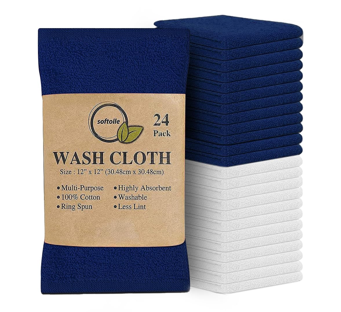 Cotton Washcloth Set 24 Pack Soft Absorbent Face Towels Ring Spun 12x12