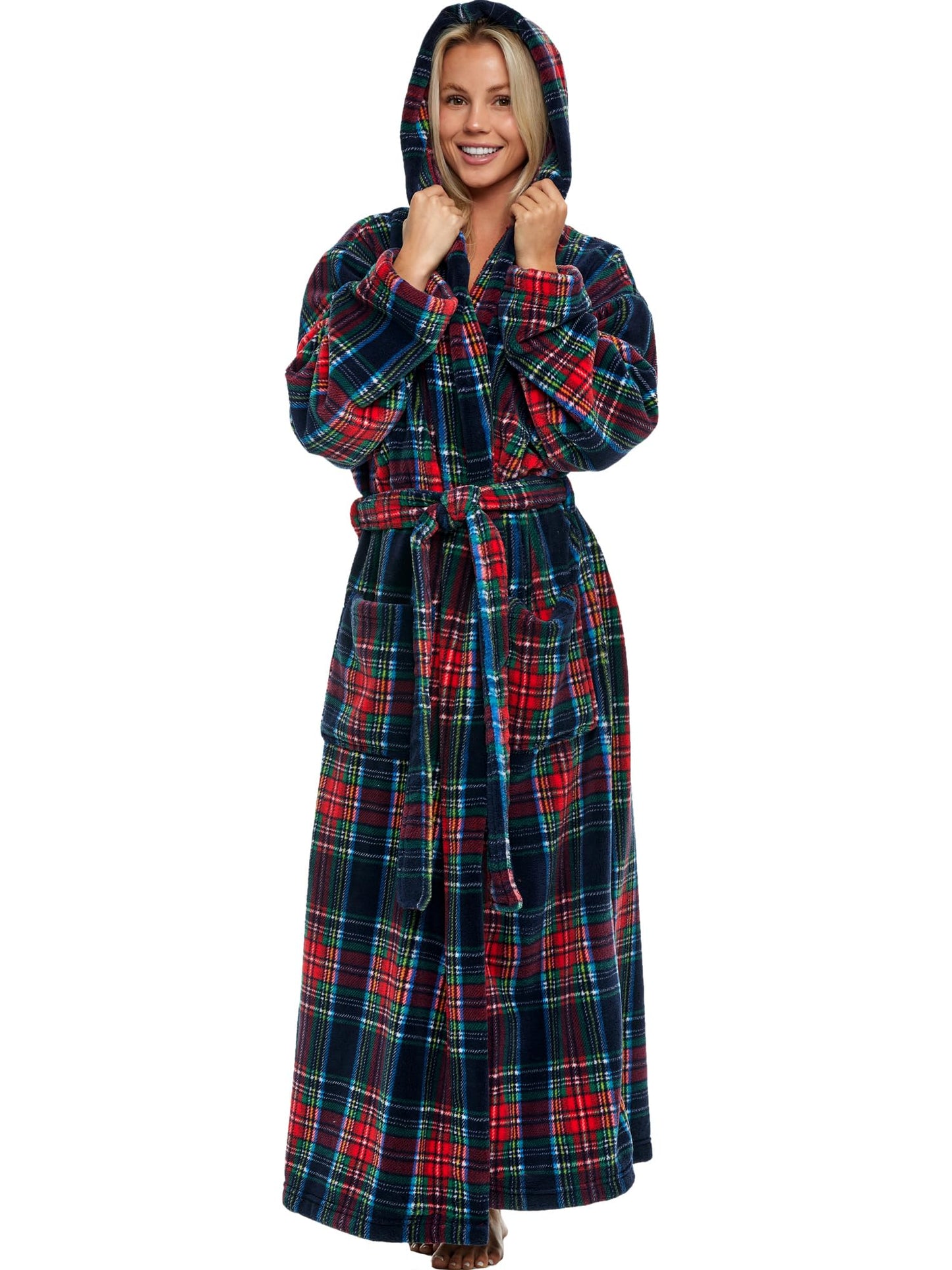 Plush Fleece Hooded Bathrobe Women Long Plus Size Soft Lounge Robe