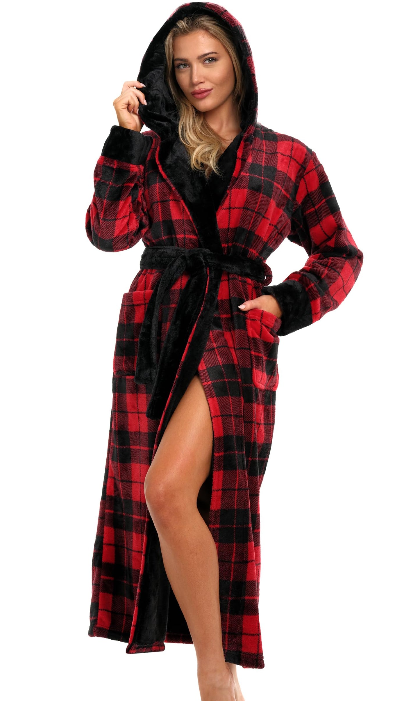 Plush Fleece Hooded Bathrobe Women Long Plus Size Soft Lounge Robe