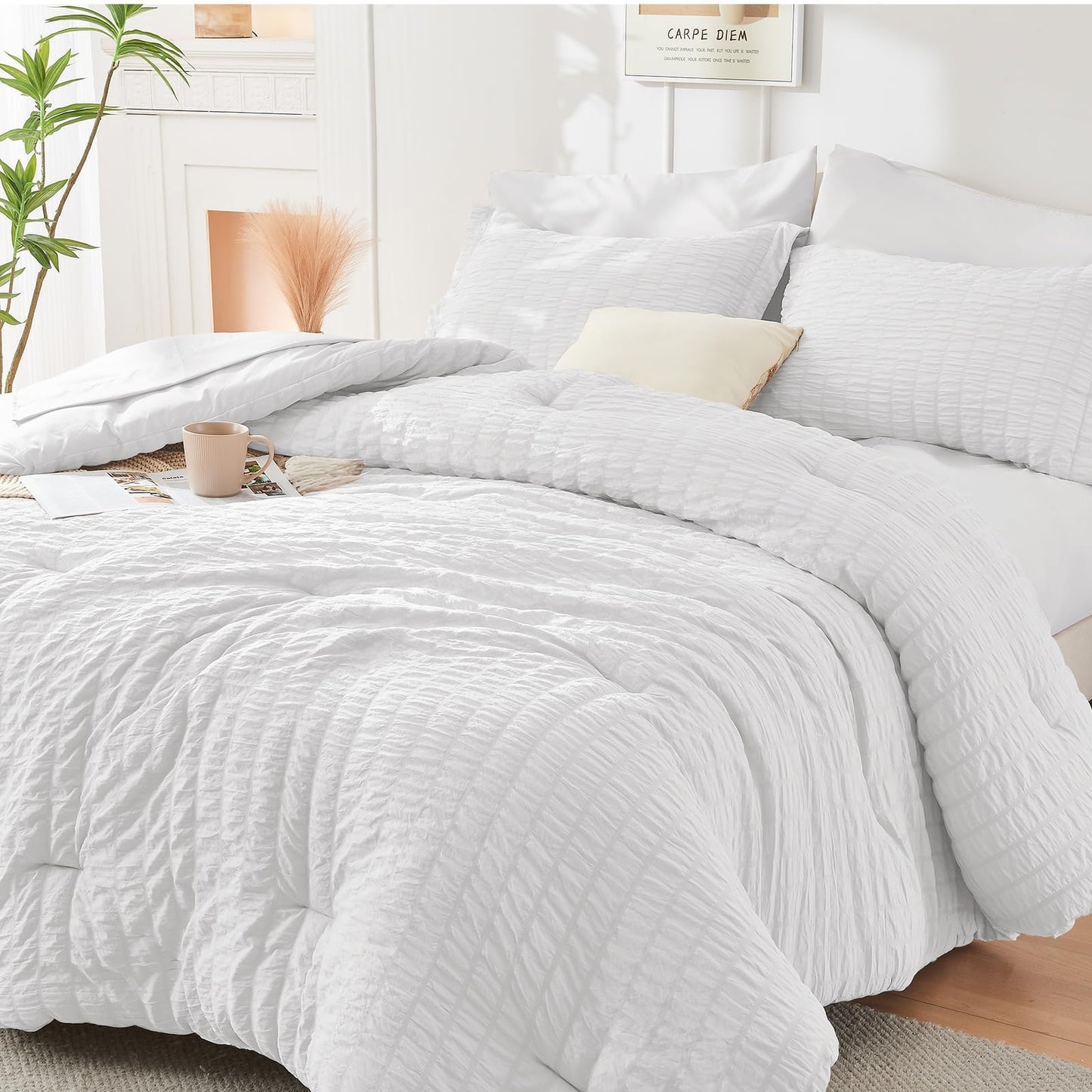 Seersucker Comforter Set 7 Piece All Season Bed in a Bag Bedding Set