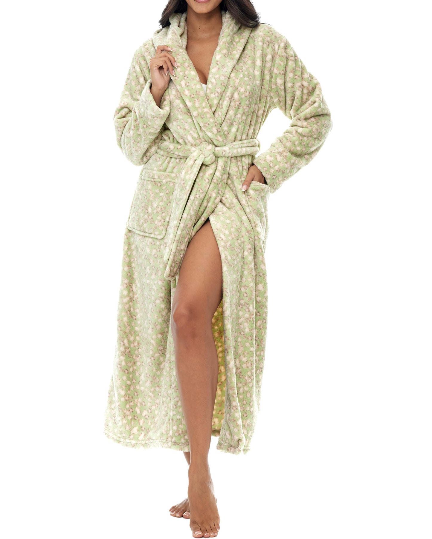 Plush Fleece Hooded Bathrobe Women Long Plus Size Soft Lounge Robe