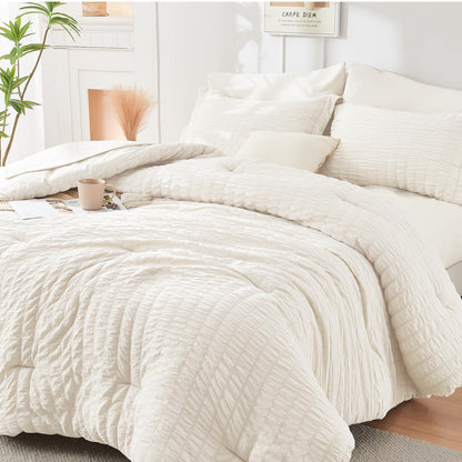 Seersucker Comforter Set 7 Piece All Season Bed in a Bag Bedding Set