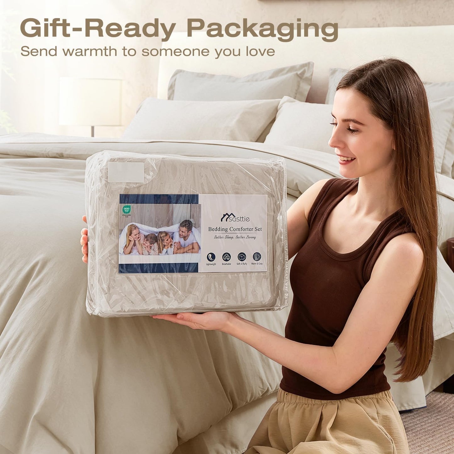 Washed Cotton Comforter Set 7 Piece Bed in a Bag Soft Breathable Bedding