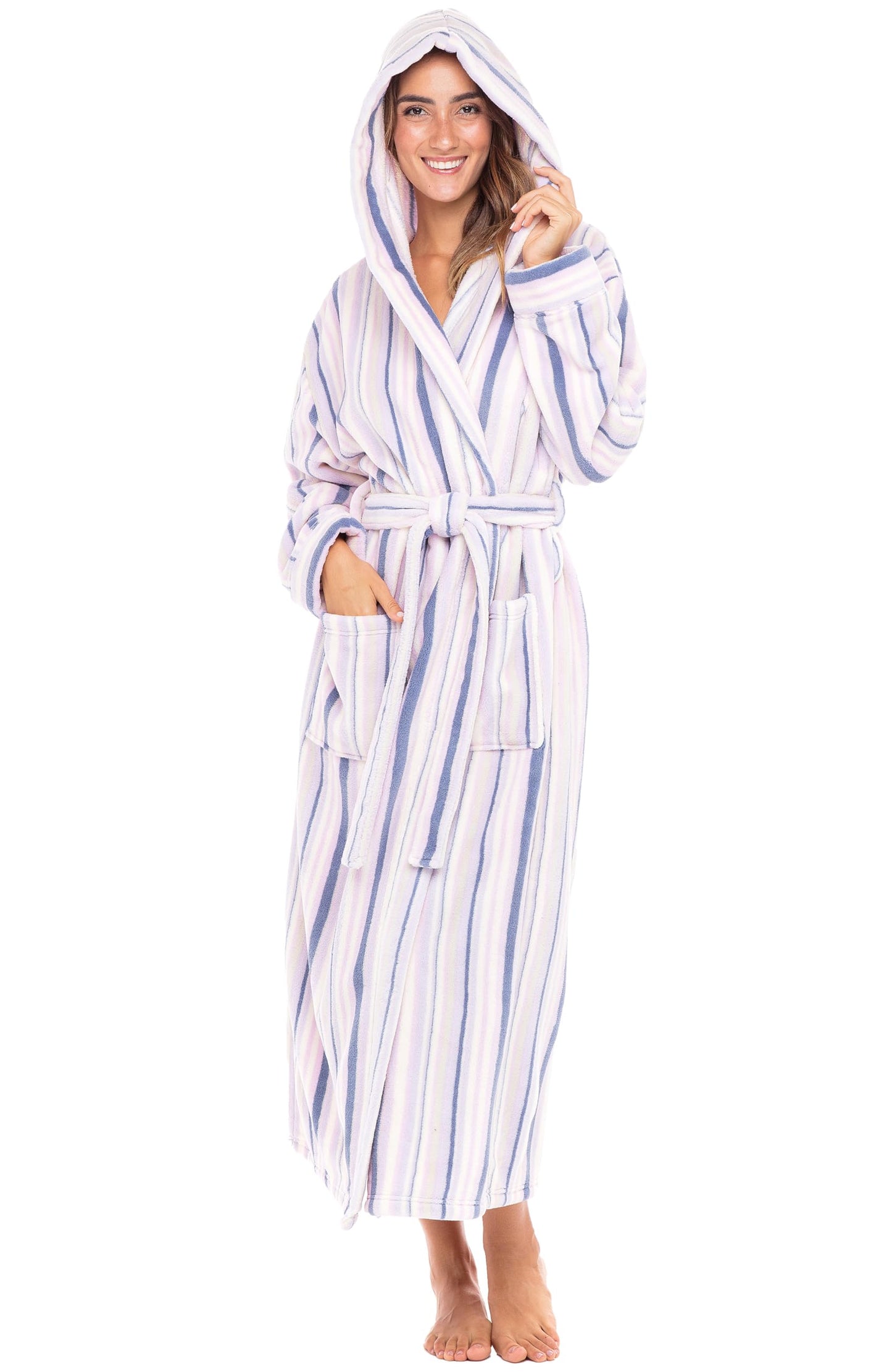 Plush Fleece Hooded Bathrobe Women Long Plus Size Soft Lounge Robe