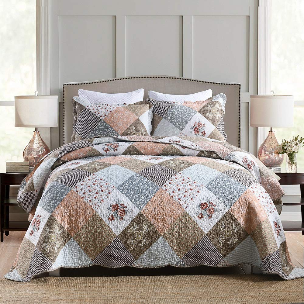 Floral Quilt Set 3 Piece Oversized Bedspread Coverlet Set Lightweight Bedding