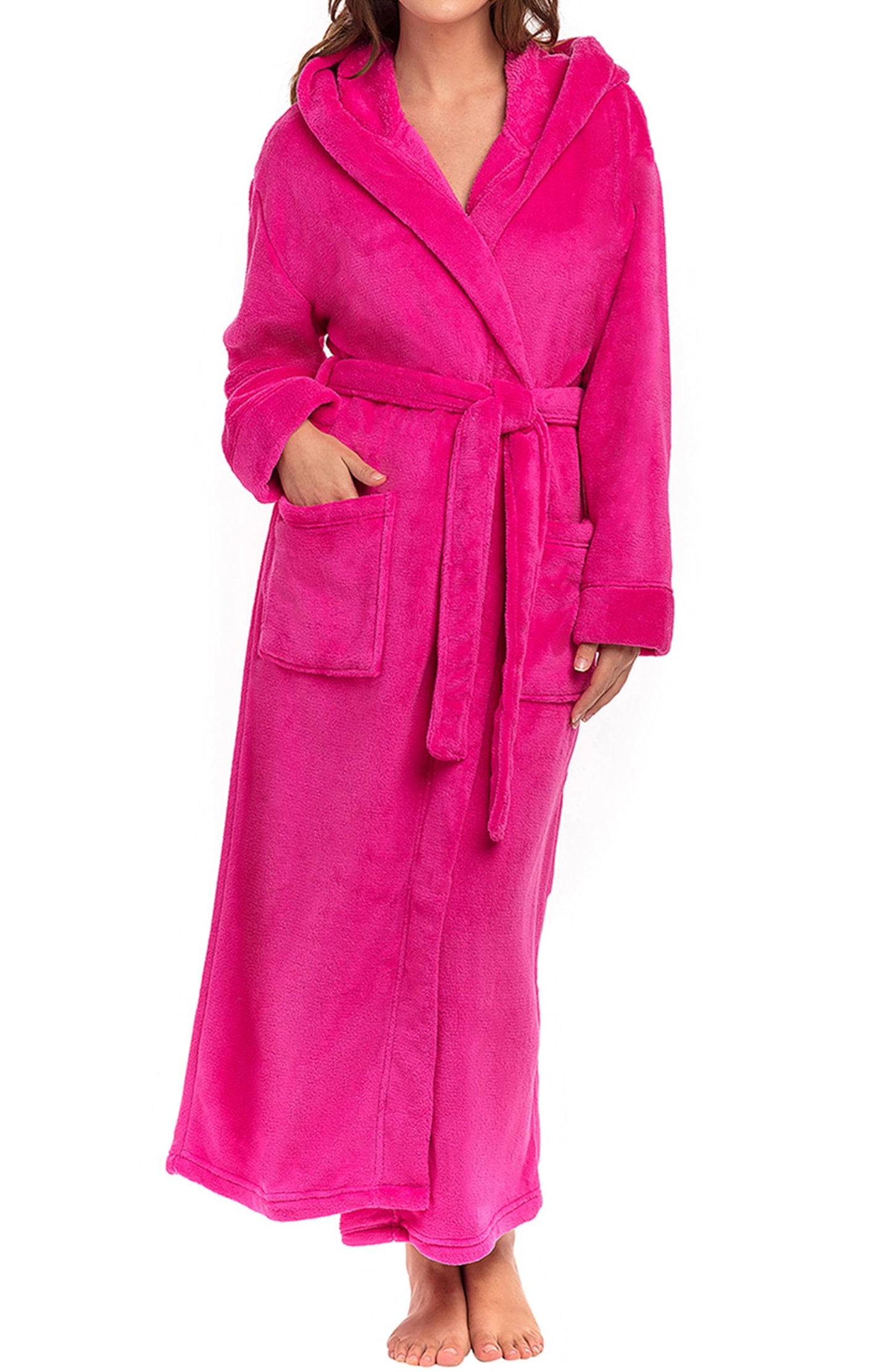 Plush Fleece Hooded Bathrobe Women Long Plus Size Soft Lounge Robe