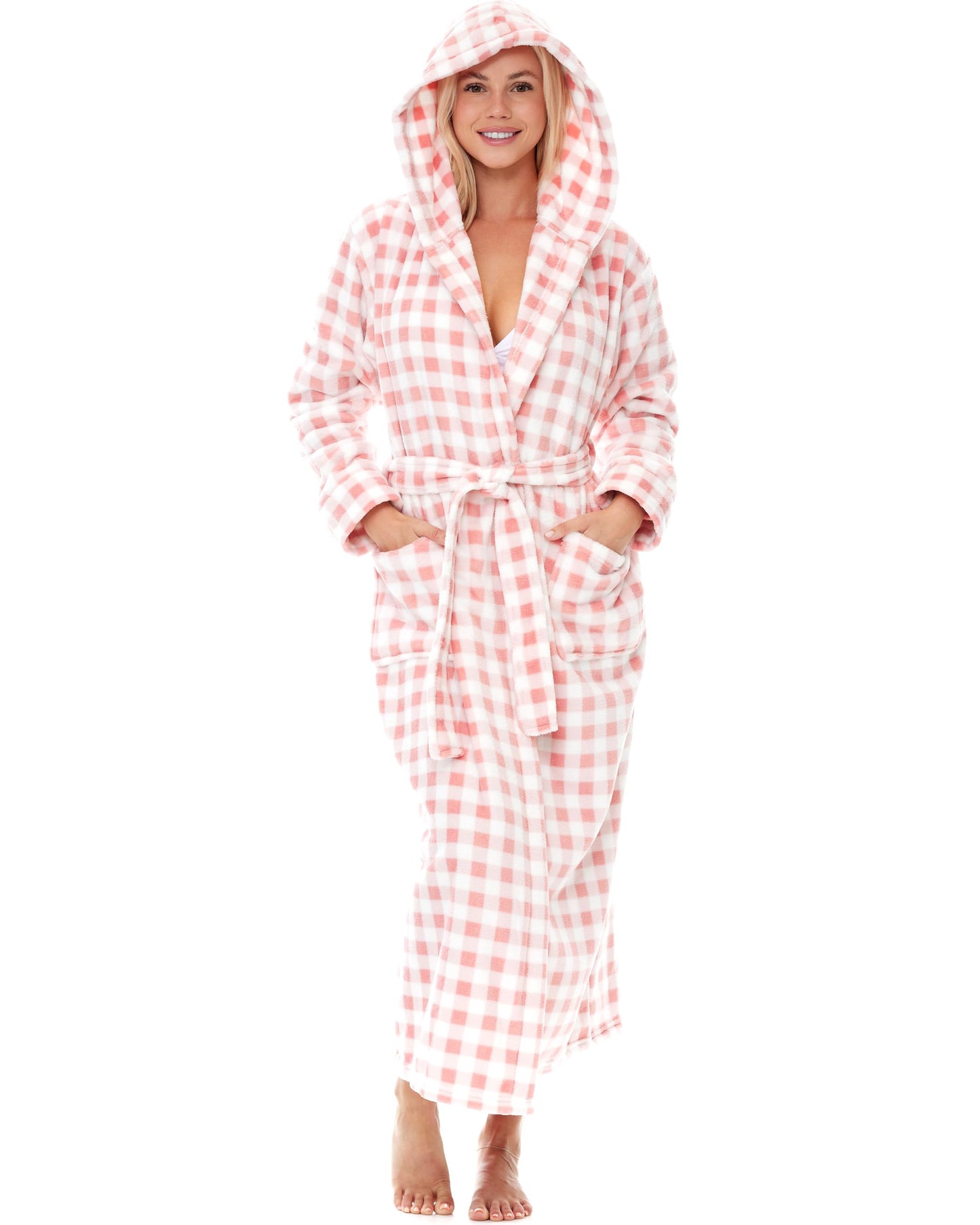 Plush Fleece Hooded Bathrobe Women Long Plus Size Soft Lounge Robe