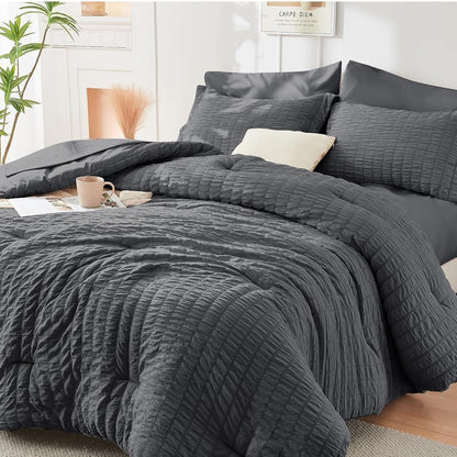Seersucker Comforter Set 7 Piece All Season Bed in a Bag Bedding Set