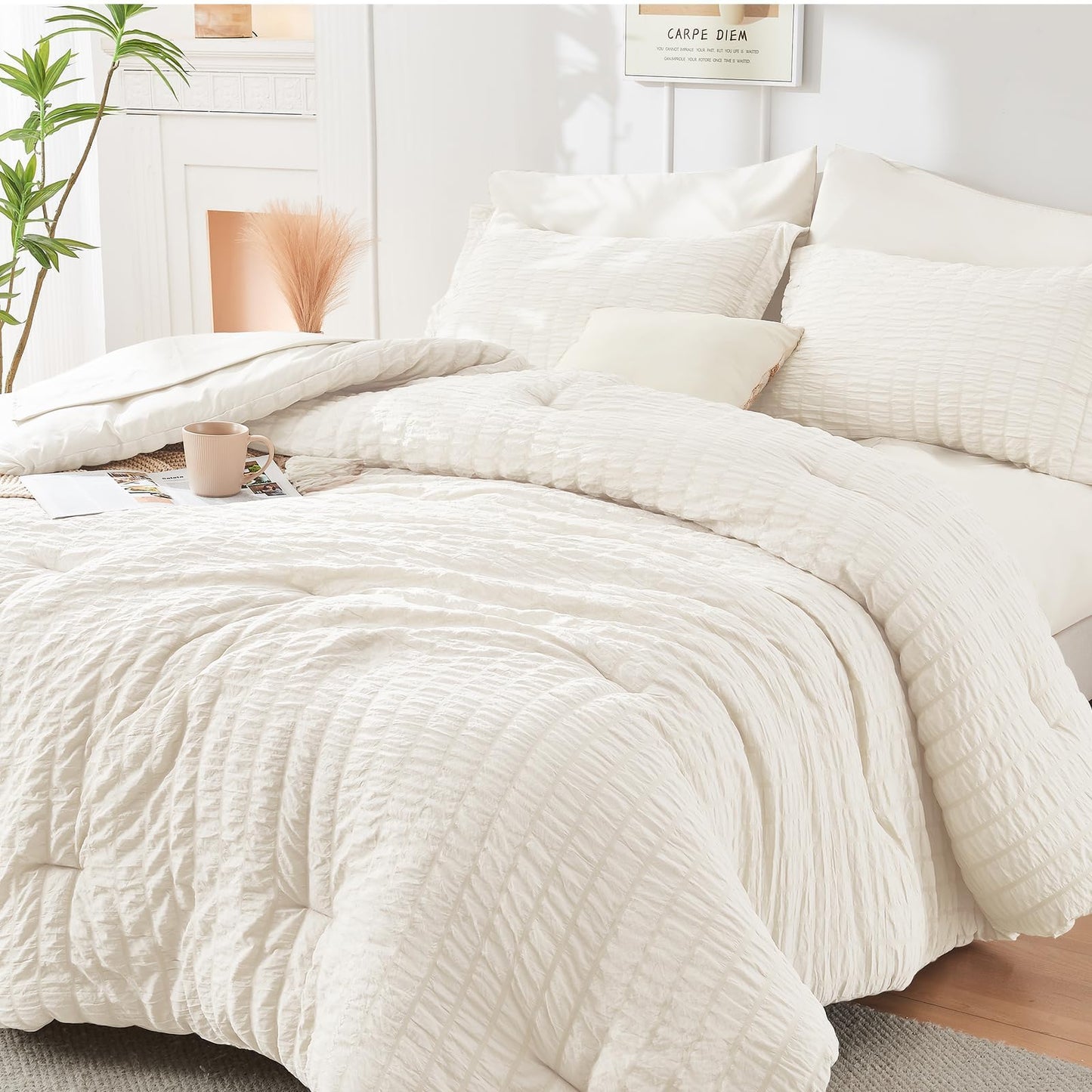 Seersucker Comforter Set 7 Piece All Season Bed in a Bag Bedding Set