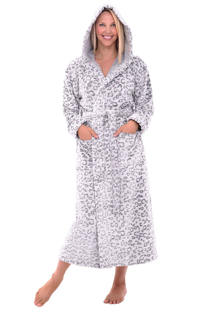 Plush Fleece Hooded Bathrobe Women Long Plus Size Soft Lounge Robe