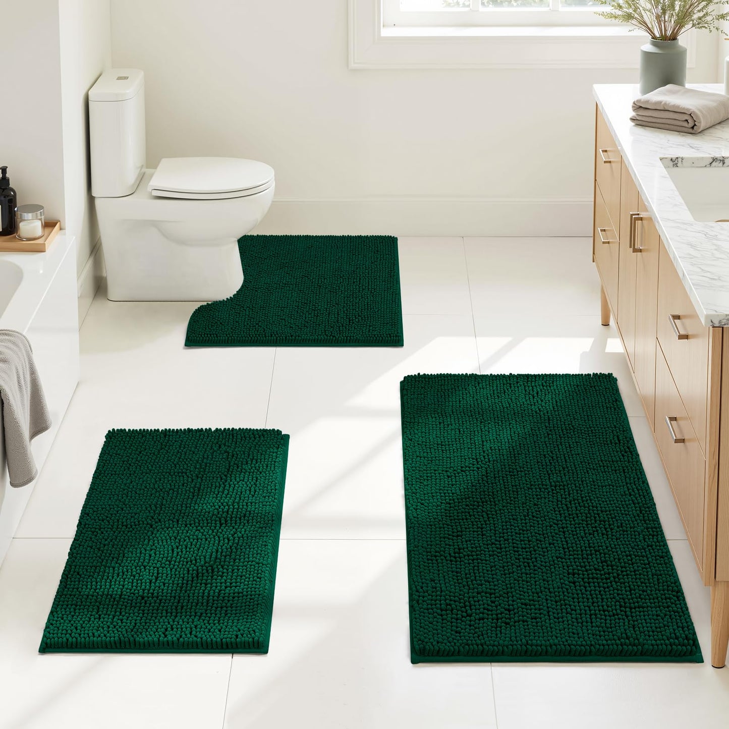Chenille Bathroom Rug Set 3 Piece Ultra Soft Non Slip Absorbent Bath Mat