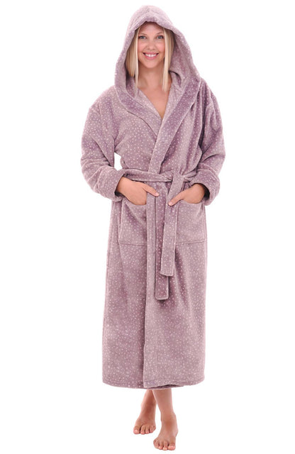 Plush Fleece Hooded Bathrobe Women Long Plus Size Soft Lounge Robe