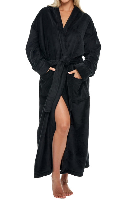 Plush Fleece Hooded Bathrobe Women Long Plus Size Soft Lounge Robe