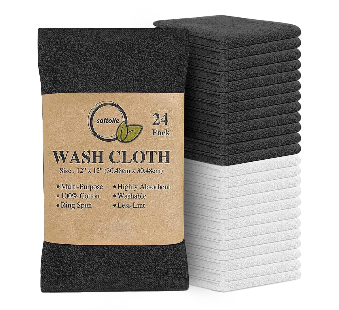 Cotton Washcloth Set 24 Pack Soft Absorbent Face Towels Ring Spun 12x12
