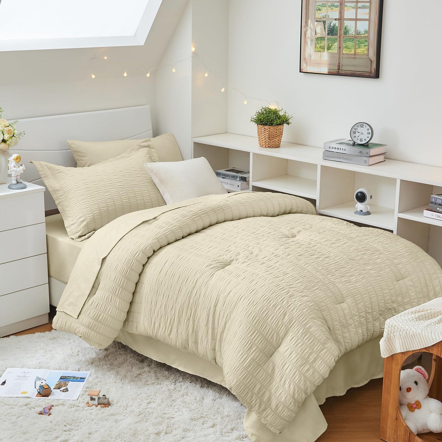 Seersucker Comforter Set 7 Piece All Season Bed in a Bag Bedding Set