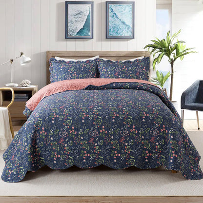 Floral Quilt Set 3 Piece Oversized Bedspread Coverlet Set Lightweight Bedding