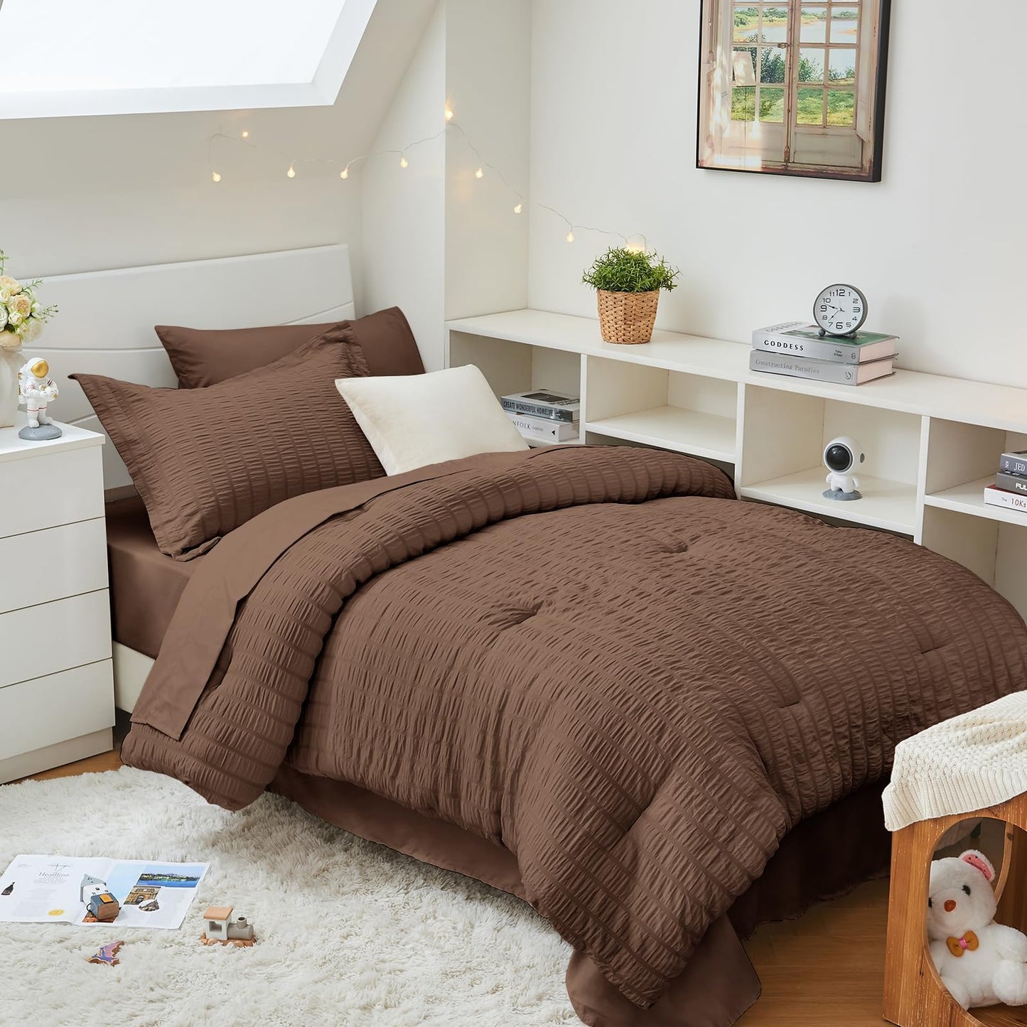 Seersucker Comforter Set 7 Piece All Season Bed in a Bag Bedding Set