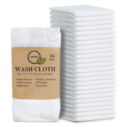 Cotton Washcloth Set 24 Pack Soft Absorbent Face Towels Ring Spun 12x12