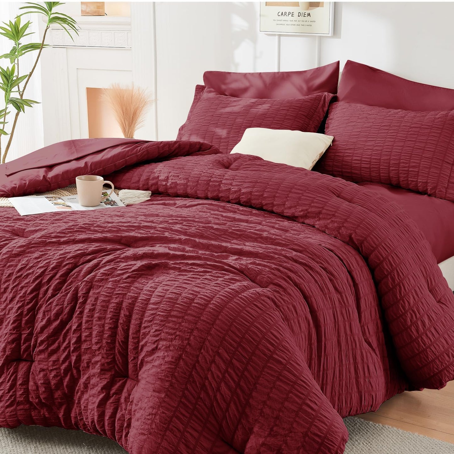 Seersucker Comforter Set 7 Piece All Season Bed in a Bag Bedding Set