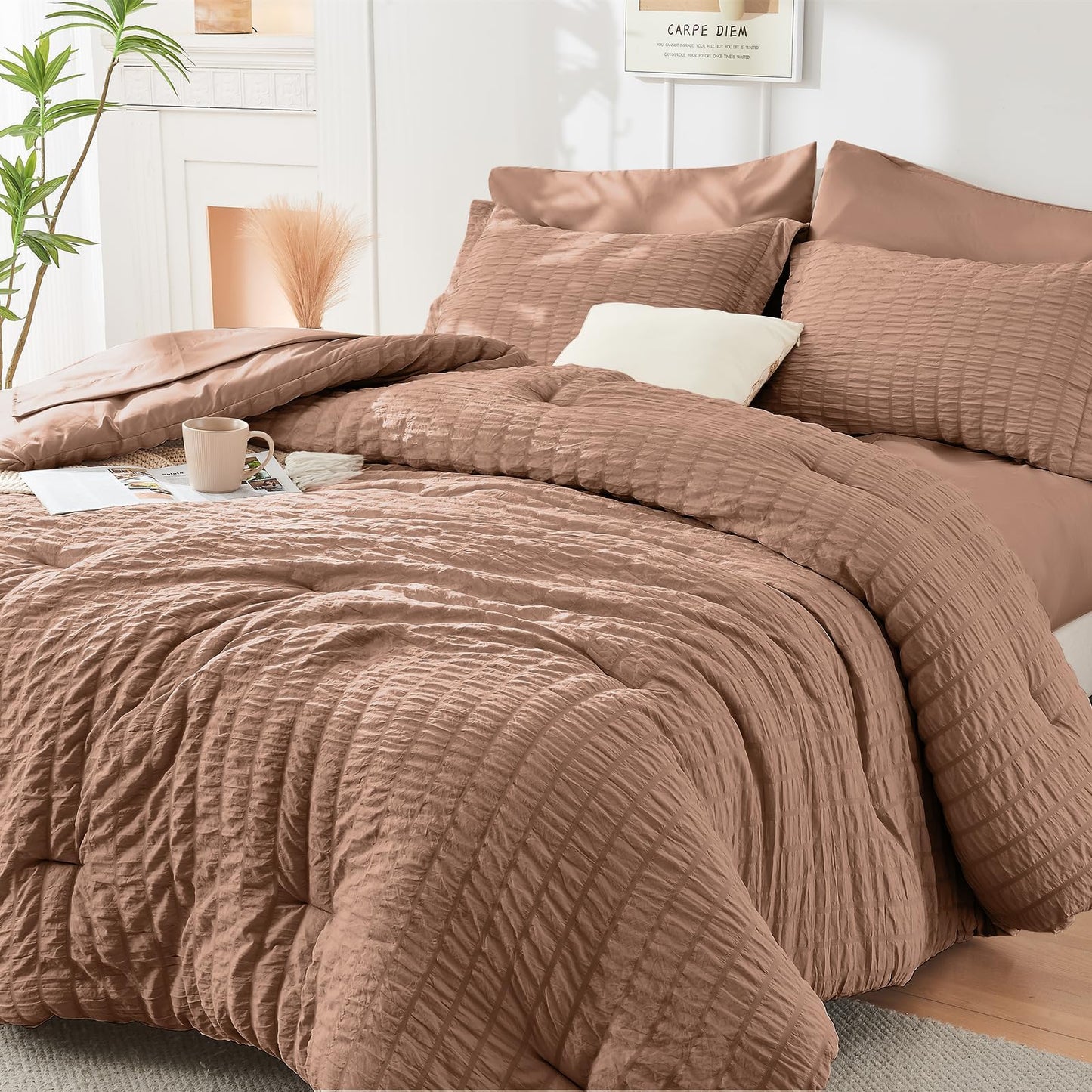 Seersucker Comforter Set 7 Piece All Season Bed in a Bag Bedding Set