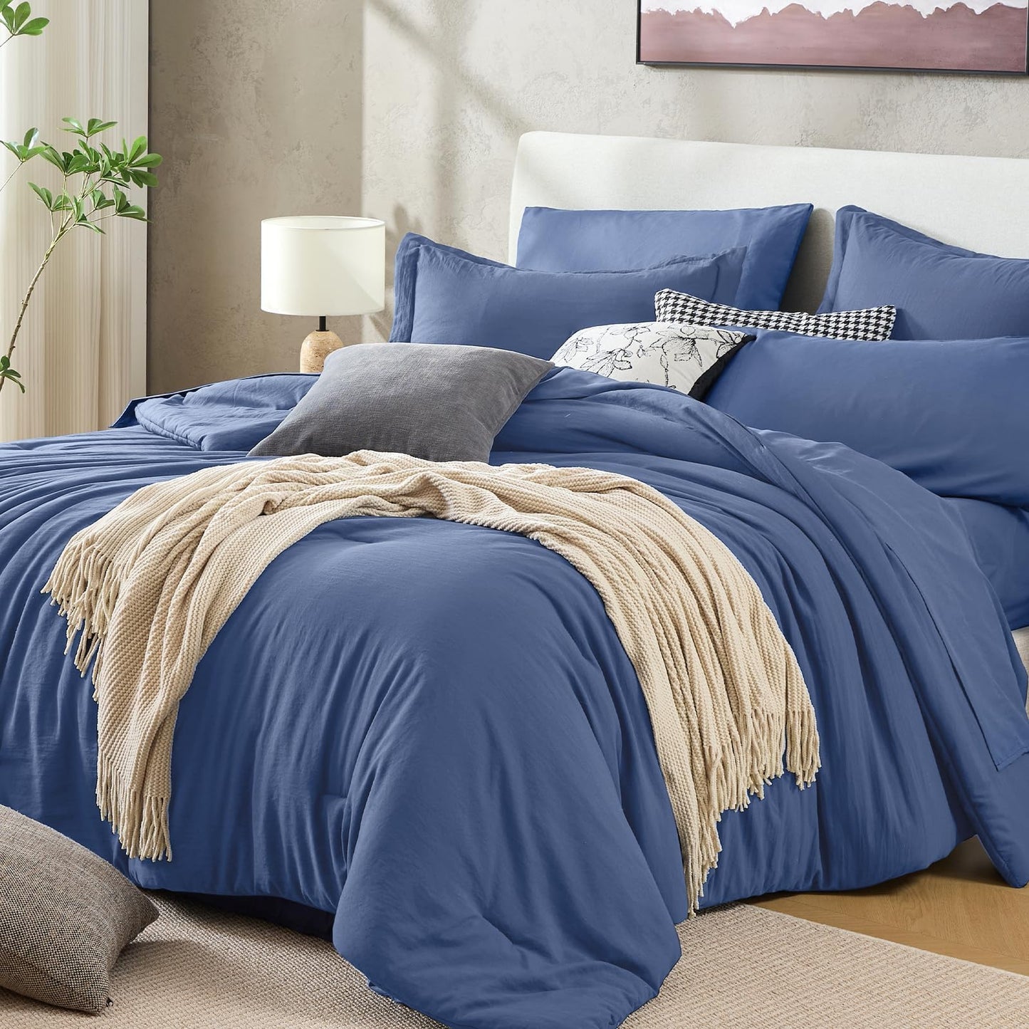 Washed Cotton Comforter Set 7 Piece Bed in a Bag Soft Breathable Bedding