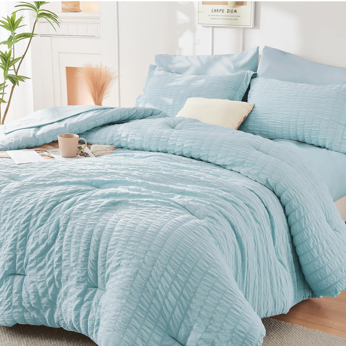 Seersucker Comforter Set 7 Piece All Season Bed in a Bag Bedding Set