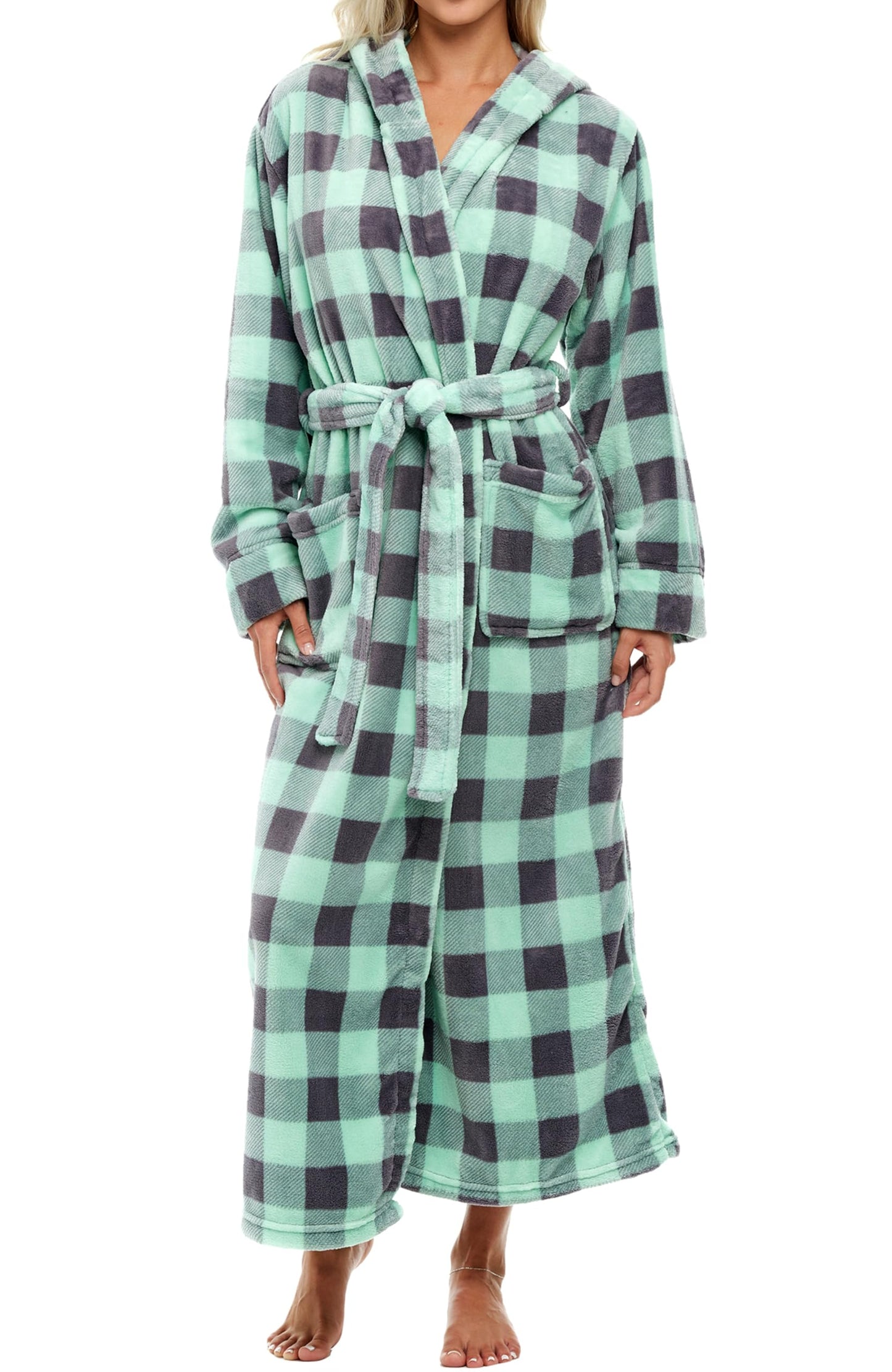 Plush Fleece Hooded Bathrobe Women Long Plus Size Soft Lounge Robe