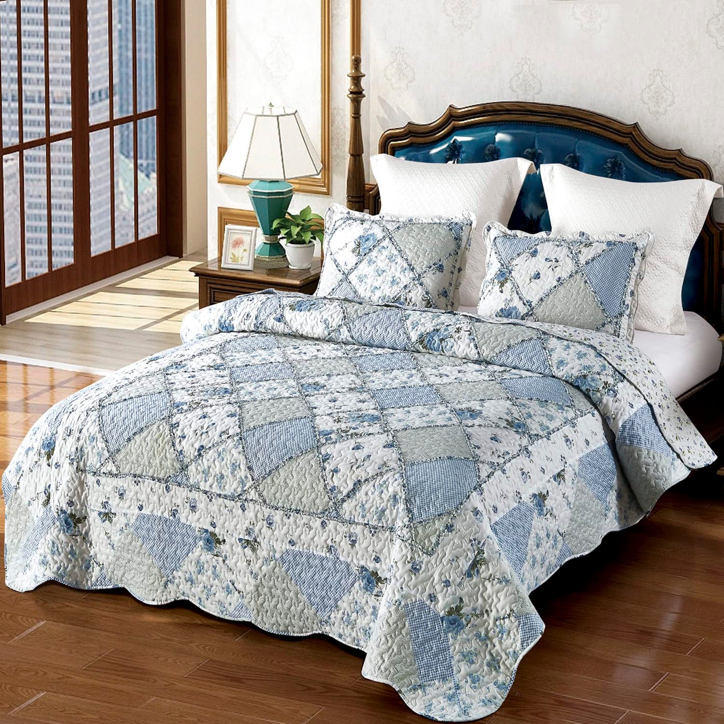 Patchwork Quilt Set Reversible 3 Piece Lightweight Floral Coverlet Bedding