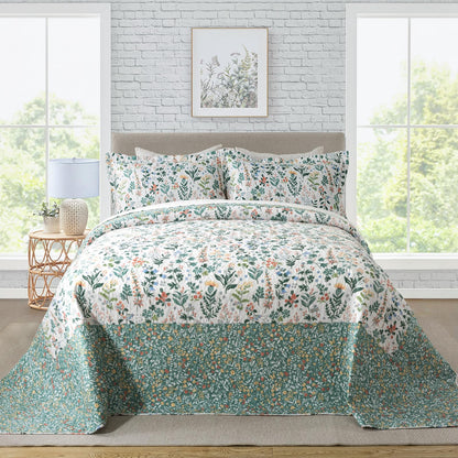 Floral Quilt Set 3 Piece Oversized Bedspread Coverlet Set Lightweight Bedding