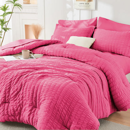 Seersucker Comforter Set 7 Piece All Season Bed in a Bag Bedding Set