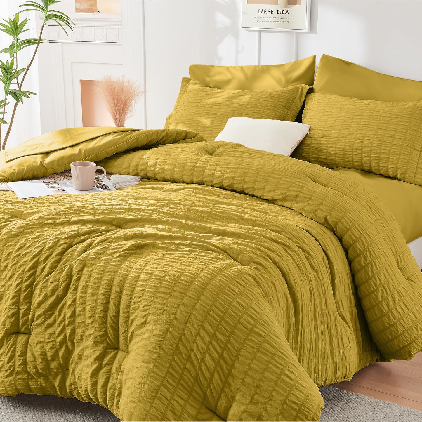 Seersucker Comforter Set 7 Piece All Season Bed in a Bag Bedding Set